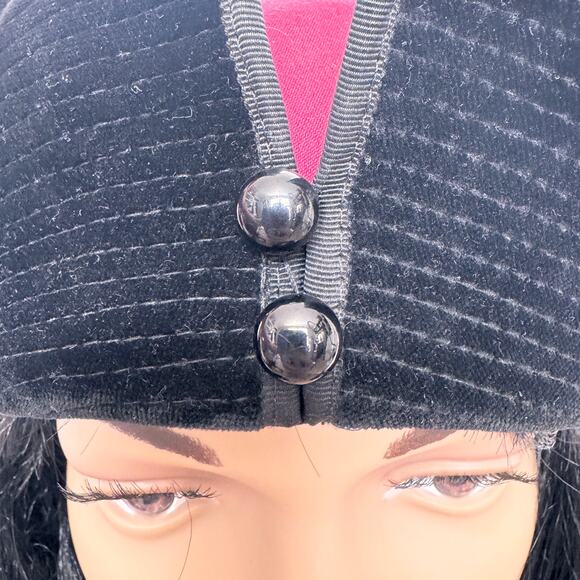 1950s Jaeger London Black Velvet Tilt Cocktail Hat Burgundy 21” Made UK main image 13